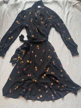 Cabi Black Floral Midi Wrap Dress with Long Sleeves